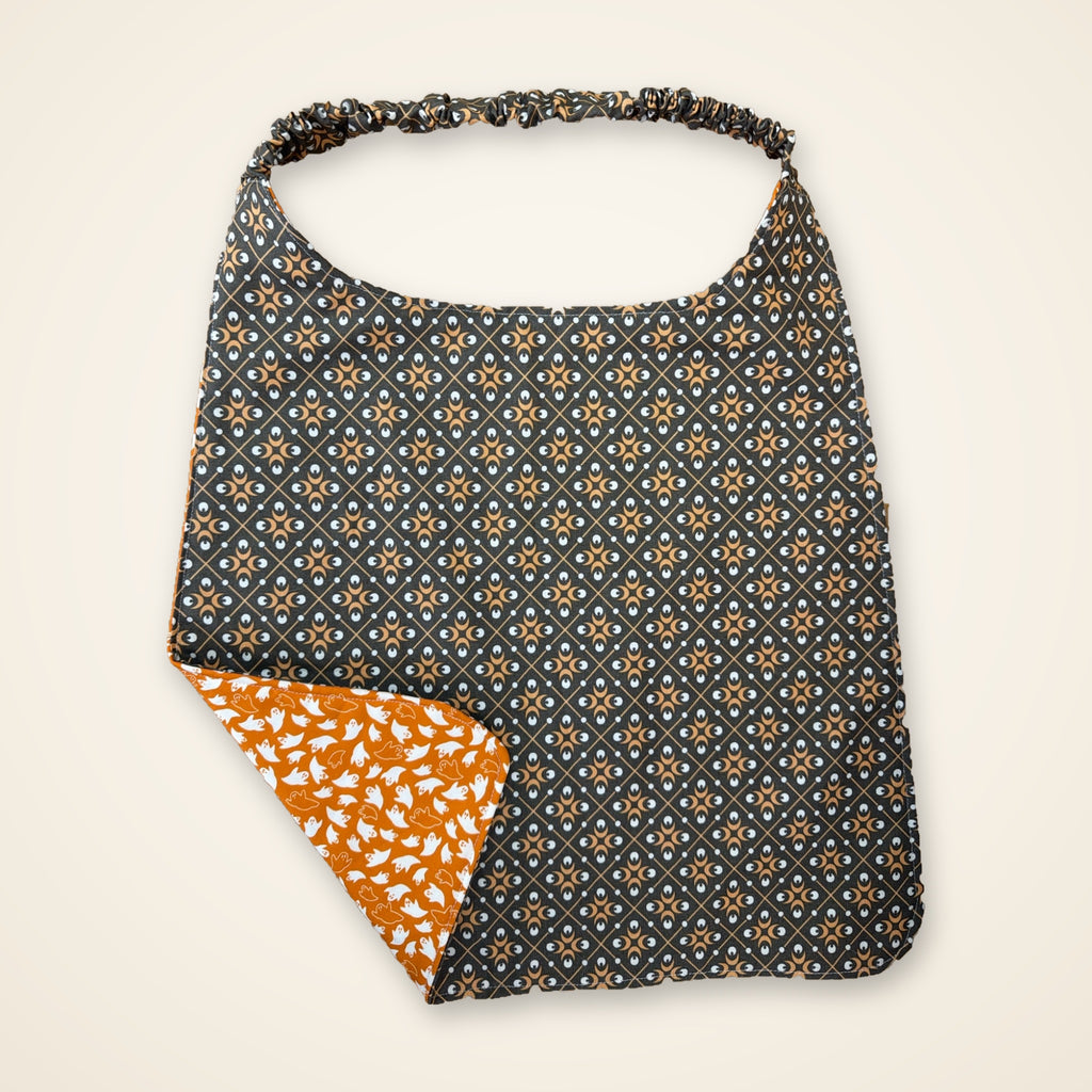 Orange Ghosts / Gray Geometric drool bib, gray geometric side