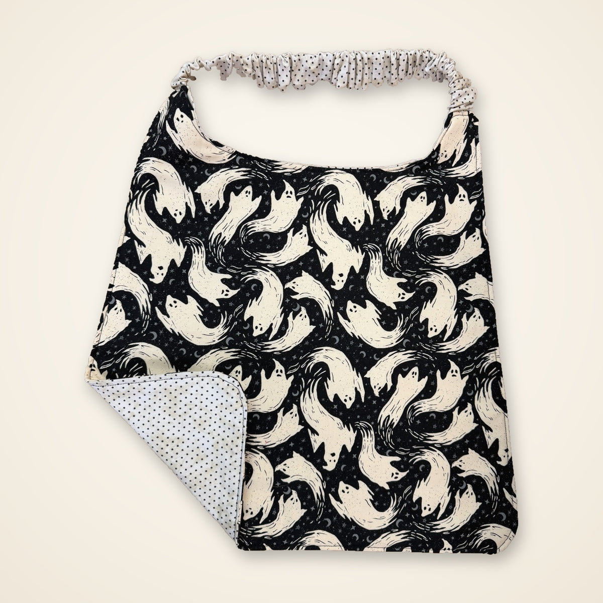 Black Ghosts / Cream Polka Dots drool bib, ghost side