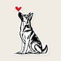 German Shepherd Heart Decal - black and tan German Shepherd with a red heart, die-cut vinyl sticker