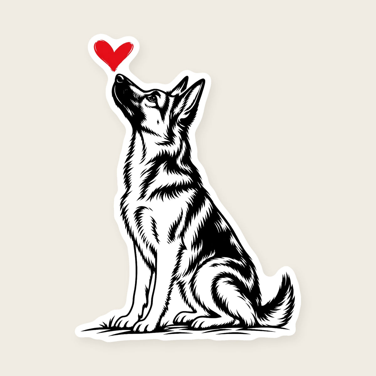 German Shepherd Heart Decal - black and tan German Shepherd with a red heart, die-cut vinyl sticker
