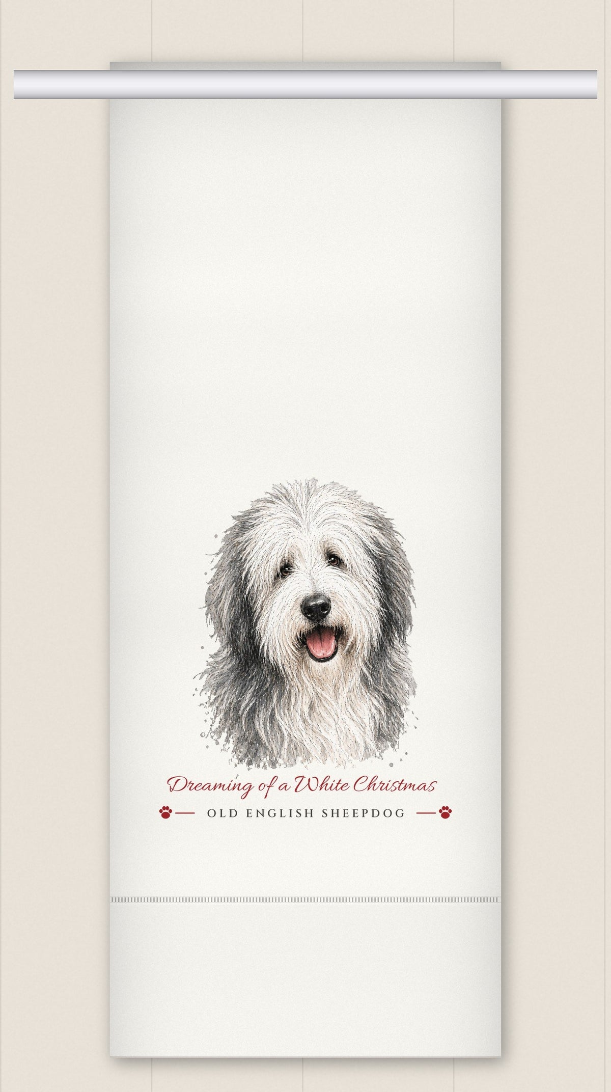 Old English Sheepdog tea towel - Dreaming of a White Christmas