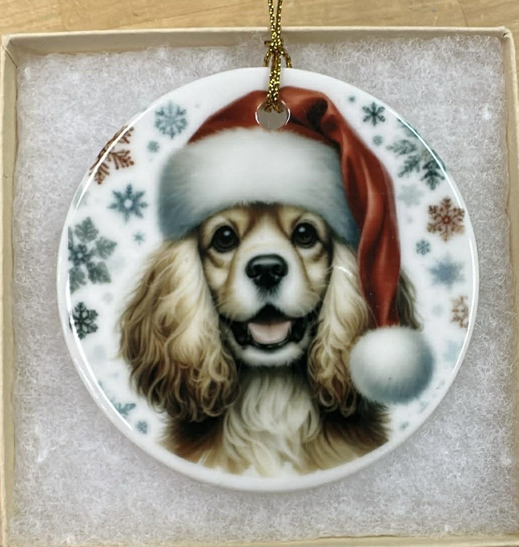 Custom dog ornament in gold gift box with gold hanging cord
