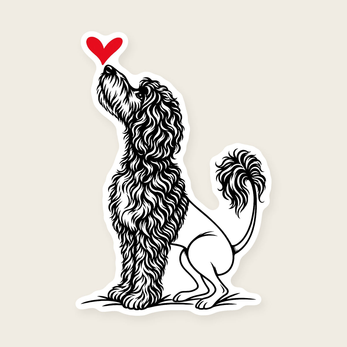 Portuguese Water Dog Heart Decal - line art Portie with a red heart, die-cut vinyl sticker