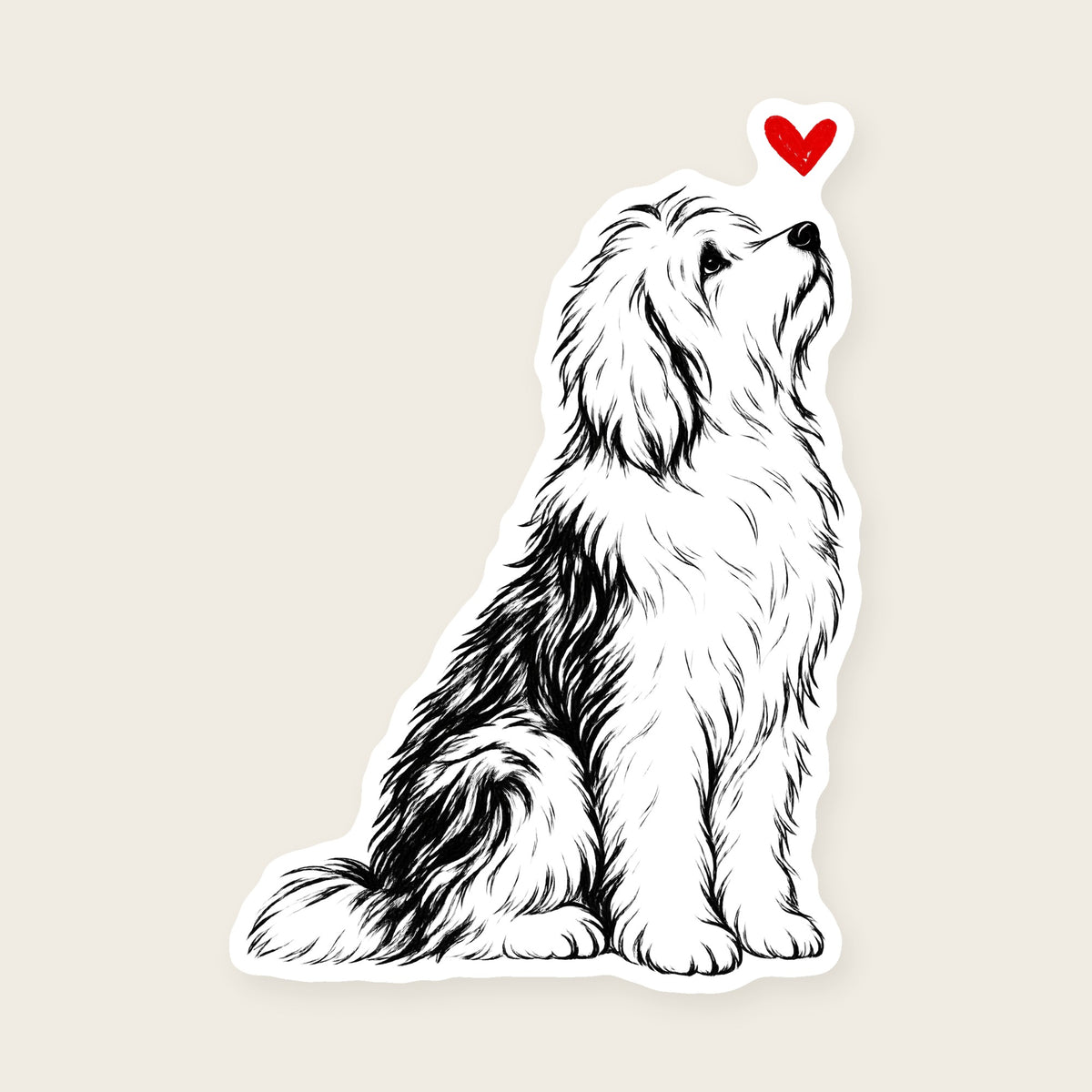 Sheepdog Heart Decal - Old English Sheepdog with a red heart, die-cut vinyl sticker
