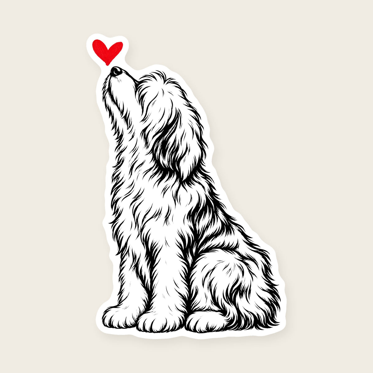 Sheepdog Heart Decal - line art Old English Sheepdog with a red heart, die-cut vinyl sticker