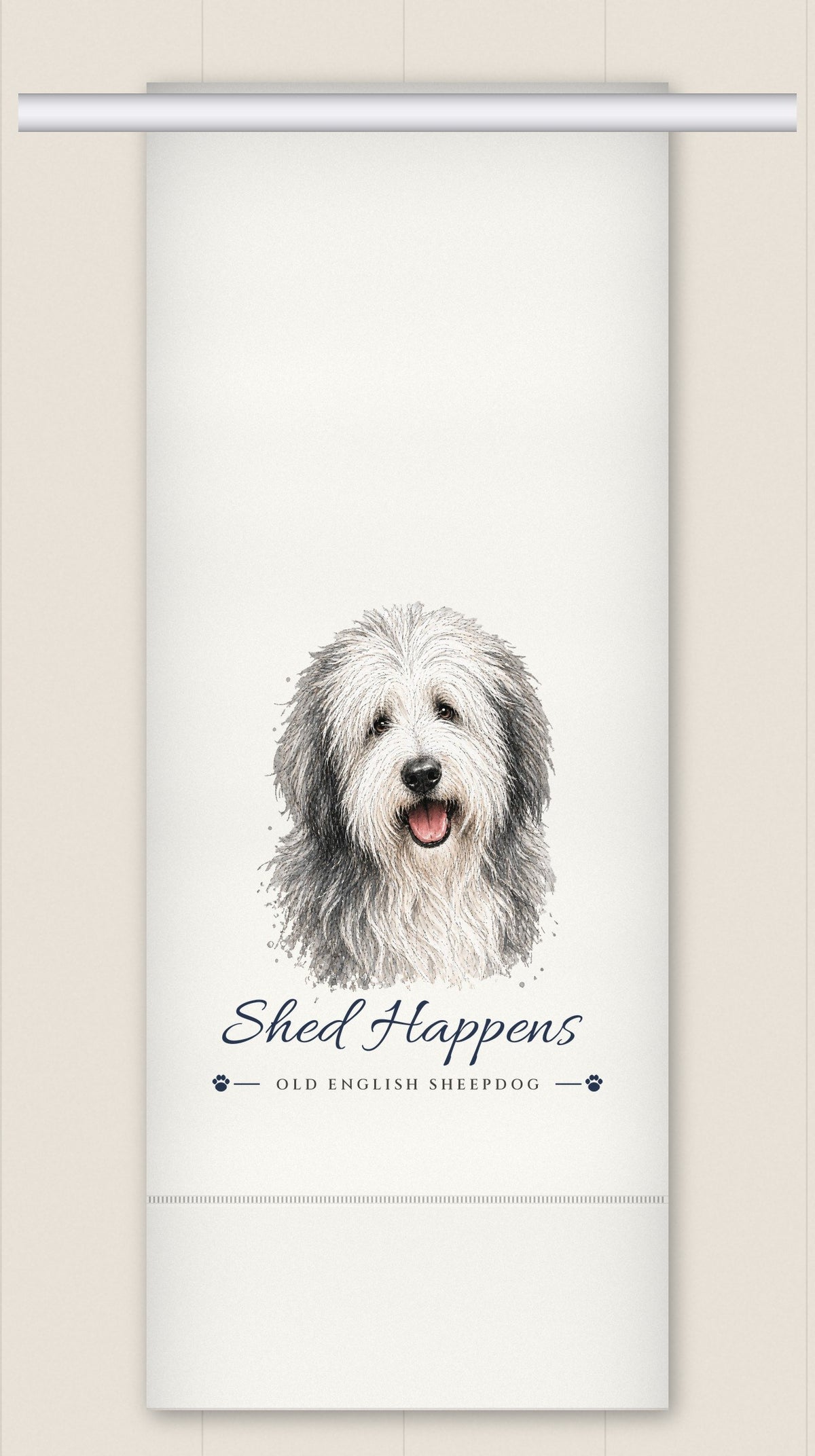 Old English Sheepdog tea towel - Shed Happens