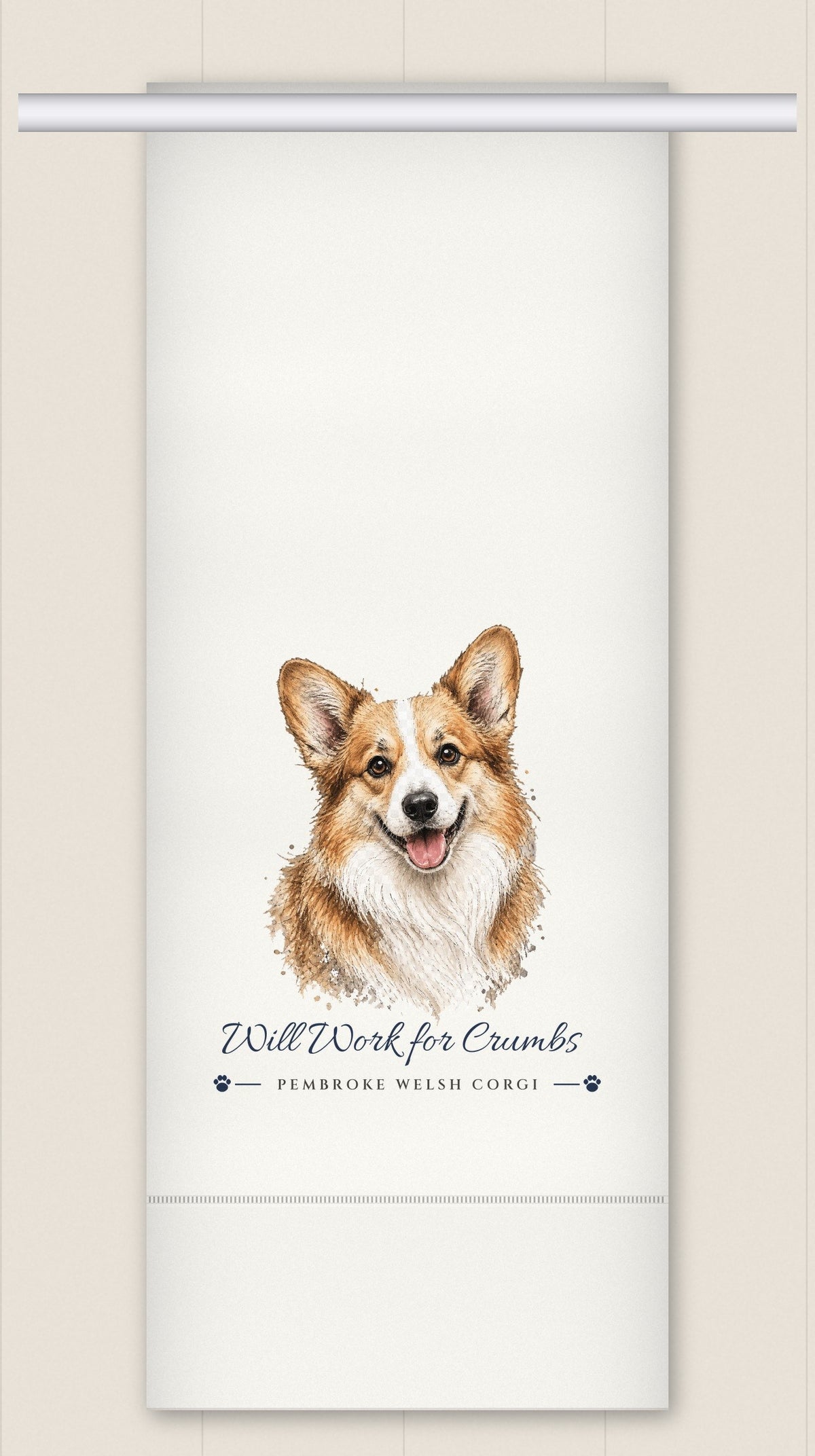 Corgi tea towel - Will Work for Crumbs