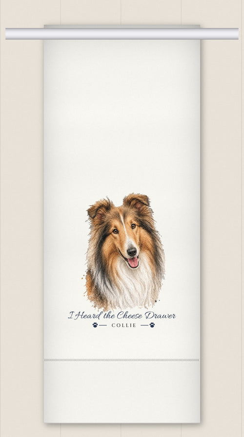 Collie tea towel - I Heard the Cheese Drawer