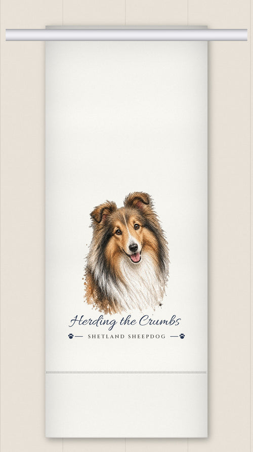 Shetland Sheepdog tea towel - Herding the Crumbs